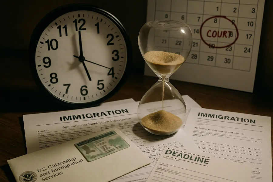 Immigration papers with clock, calendar, hourglass