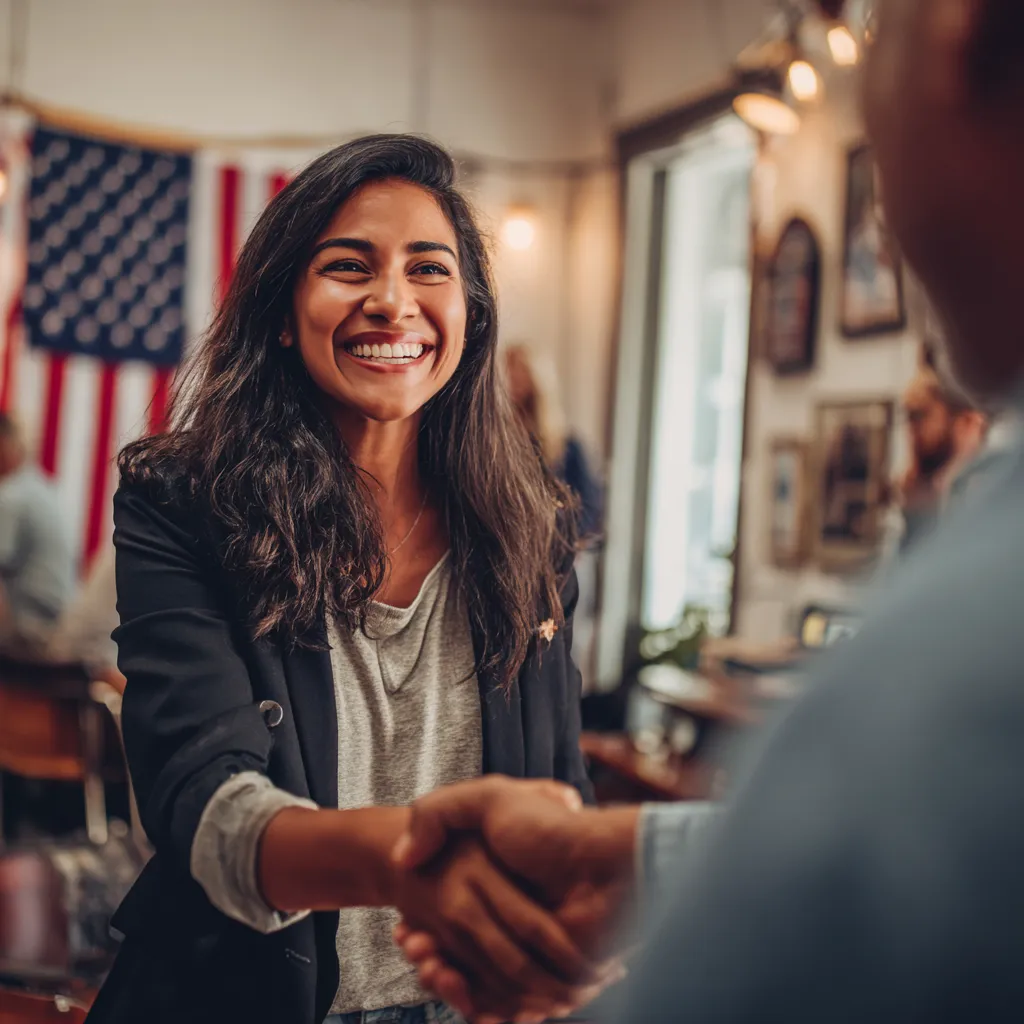 Woman smiling, shaking hands in a meeting.
